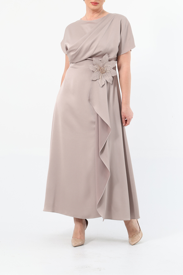 DRAPED SATIN DRESS WITH FLORAL ACCESSORIES